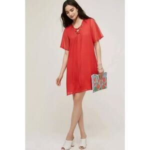 NWT Anthropologie 11.1 Tylho Red Chiffon Mini Lace-Up Tunic Dress Size XL